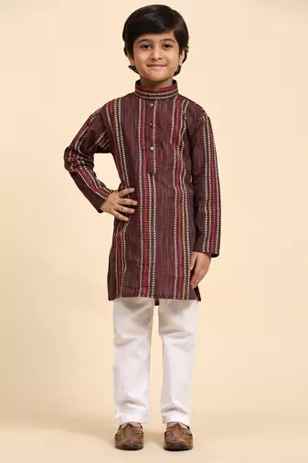 Maroon printed cotton printed kurta pajama set for boys ethnic wear
