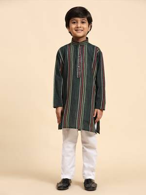 Dark green printed cotton printed kurta pajama set for boys ethnic wear 1