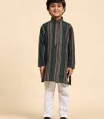 Dark green printed cotton printed kurta pajama set for boys ethnic wear