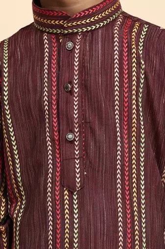 Maroon printed cotton printed kurta pajama set for boys ethnic wear