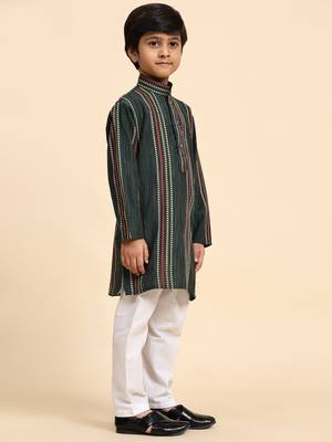 Dark green printed cotton printed kurta pajama set for boys ethnic wear 2
