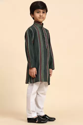 Dark green printed cotton printed kurta pajama set for boys ethnic wear