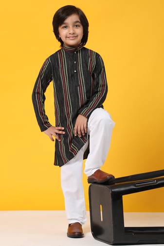 Black printed cotton printed kurta pajama set for boys ethnic wear
