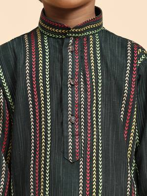 Dark green printed cotton printed kurta pajama set for boys ethnic wear 3