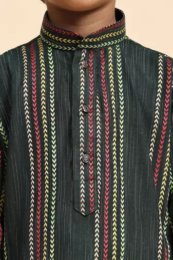 Dark green printed cotton printed kurta pajama set for boys ethnic wear