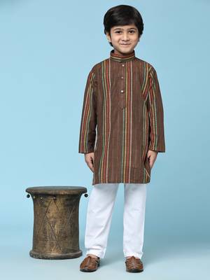 Brown printed cotton printed kurta pajama set for boys ethnic wear 1