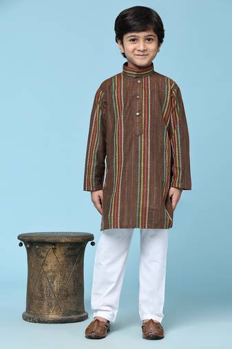 Brown printed cotton printed kurta pajama set for boys ethnic wear