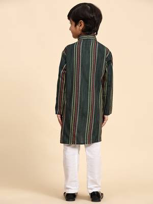 Dark green printed cotton printed kurta pajama set for boys ethnic wear 4