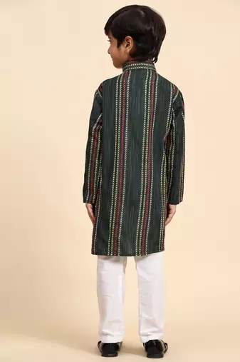 Dark green printed cotton printed kurta pajama set for boys ethnic wear