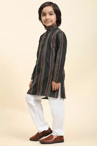 Black printed cotton printed kurta pajama set for boys ethnic wear