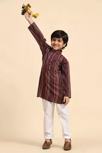 Maroon printed cotton printed kurta pajama set for boys ethnic wear