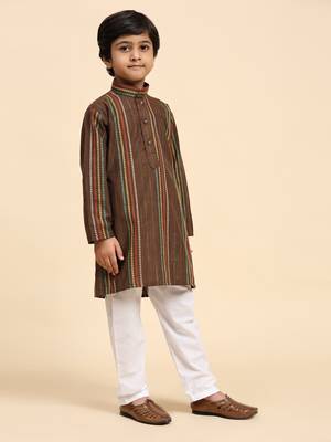 Brown printed cotton printed kurta pajama set for boys ethnic wear 2