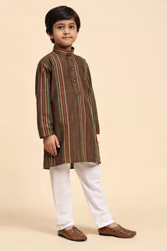 Brown printed cotton printed kurta pajama set for boys ethnic wear