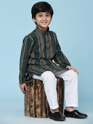 Dark green printed cotton printed kurta pajama set for boys ethnic wear 5