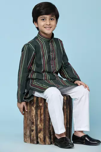 Dark green printed cotton printed kurta pajama set for boys ethnic wear