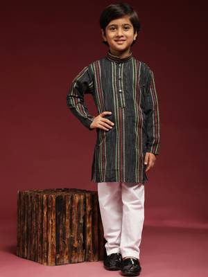 Navy blue printed cotton printed kurta pajama set for boys ethnic wear 1