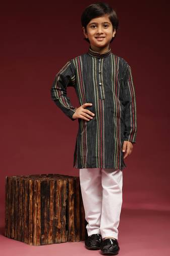 Navy blue printed cotton printed kurta pajama set for boys ethnic wear