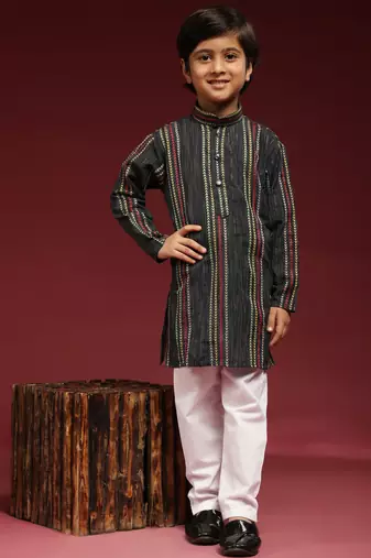 Navy blue printed cotton printed kurta pajama set for boys ethnic wear