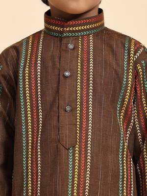 Brown printed cotton printed kurta pajama set for boys ethnic wear 3