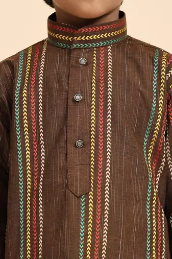 Brown printed cotton printed kurta pajama set for boys ethnic wear
