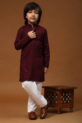 Purple printed cotton printed dhoti kurta set for boys ethnic wear