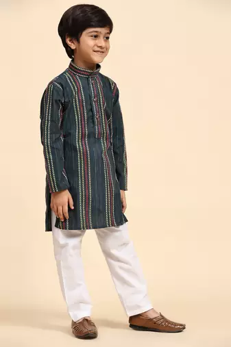 Royal blue printed cotton printed kurta pajama set for boys ethnic wear