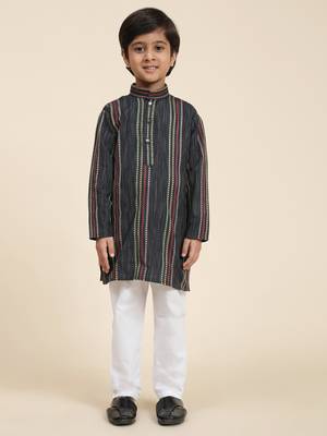 Navy blue printed cotton printed kurta pajama set for boys ethnic wear 2