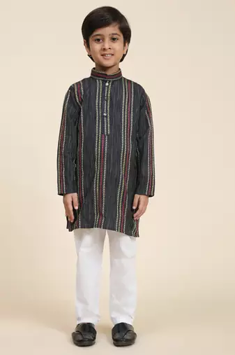 Navy blue printed cotton printed kurta pajama set for boys ethnic wear