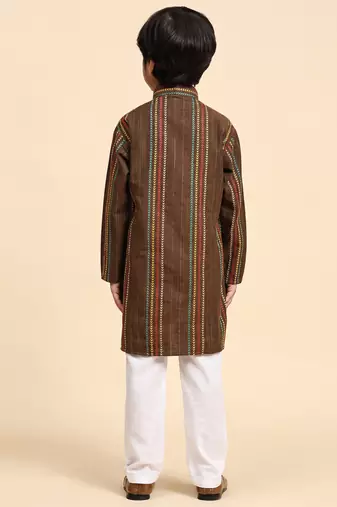 Brown printed cotton printed kurta pajama set for boys ethnic wear