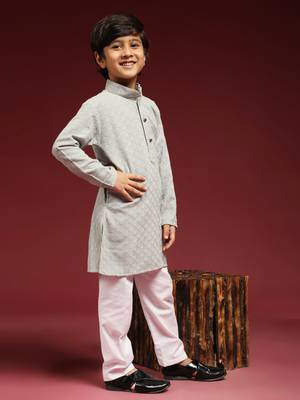 Grey printed cotton printed dhoti kurta set for boys ethnic wear 1