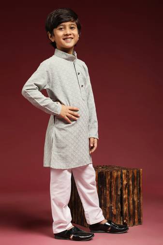 Grey printed cotton printed dhoti kurta set for boys ethnic wear