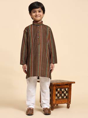Brown printed cotton printed kurta pajama set for boys ethnic wear 5