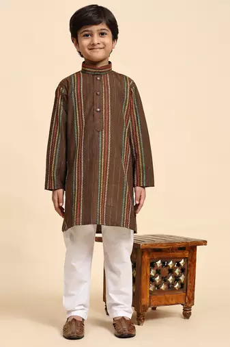 Brown printed cotton printed kurta pajama set for boys ethnic wear