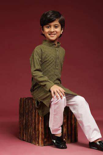 Dark green printed cotton printed dhoti kurta set for boys ethnic wear