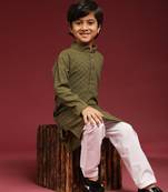 Dark green printed cotton printed dhoti kurta set for boys ethnic wear