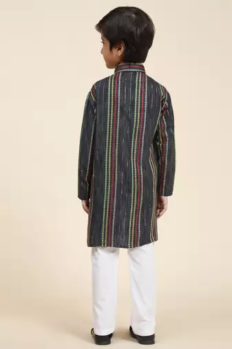 Navy blue printed cotton printed kurta pajama set for boys ethnic wear