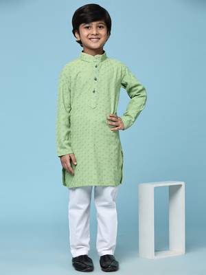 Green printed cotton printed dhoti kurta set for boys ethnic wear 1
