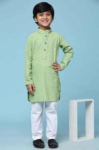 Green printed cotton printed dhoti kurta set for boys ethnic wear