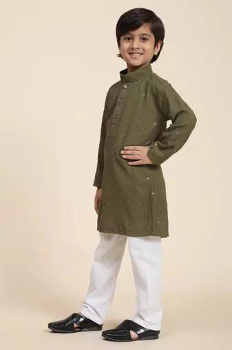 Dark green printed cotton printed dhoti kurta set for boys ethnic wear