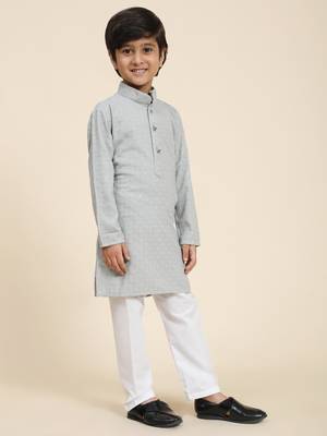 Grey printed cotton printed dhoti kurta set for boys ethnic wear 4