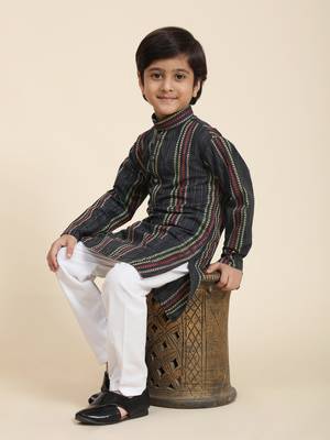 Navy blue printed cotton printed kurta pajama set for boys ethnic wear 5