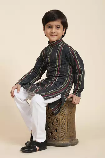 Navy blue printed cotton printed kurta pajama set for boys ethnic wear