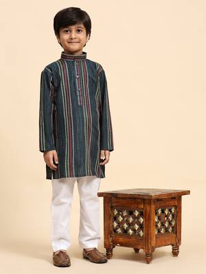 Royal blue printed cotton printed kurta pajama set for boys ethnic wear 5