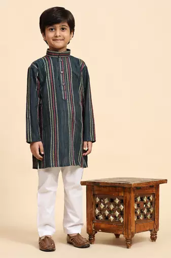 Royal blue printed cotton printed kurta pajama set for boys ethnic wear