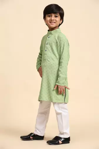 Green printed cotton printed dhoti kurta set for boys ethnic wear