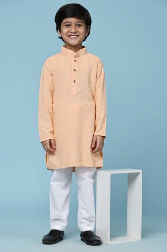 Orange printed cotton printed dhoti kurta set for boys ethnic wear