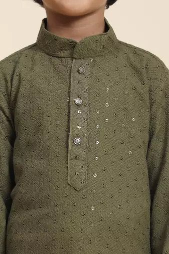 Dark green printed cotton printed dhoti kurta set for boys ethnic wear