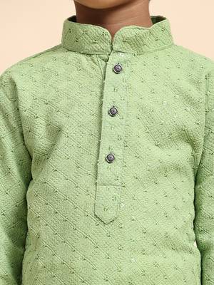 Green printed cotton printed dhoti kurta set for boys ethnic wear 3