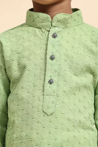 Green printed cotton printed dhoti kurta set for boys ethnic wear