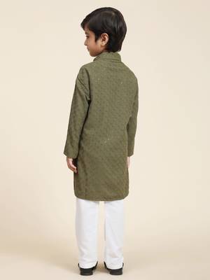 Dark green printed cotton printed dhoti kurta set for boys ethnic wear 4